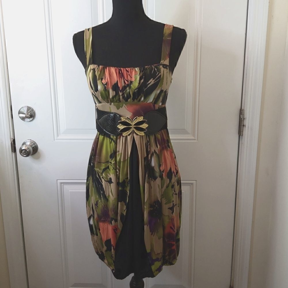 Kitty vintage printed elastic hem dress with belt